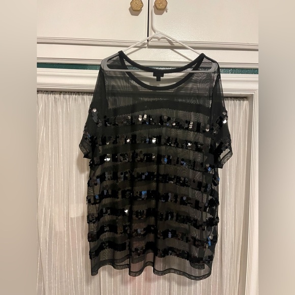 Sheer Mesh Stripe Sequin Crew Neck Tee - Picture 2 of 5